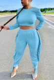 Grey Casual Solid Bandage O Neck Long Sleeve Two Pieces