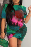 Rose Red Fashion Casual Plus Size Print Tie-dye O Neck Short Sleeve Dress