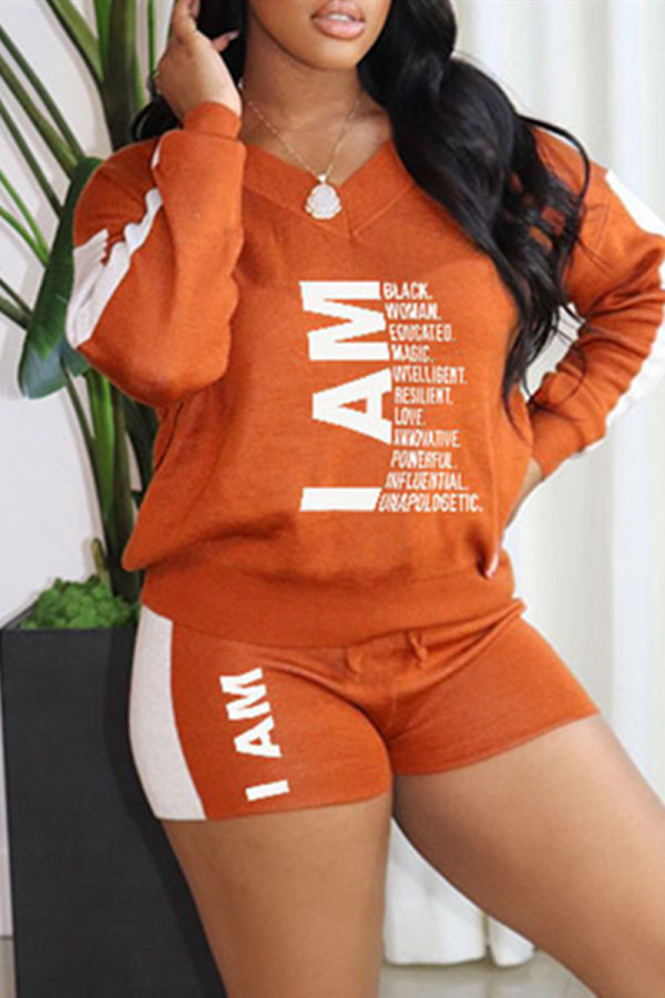Brown Fashion Casual Letter Print Basic V Neck Long Sleeve Two Pieces