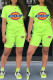 Fluorescent Green Fashion Casual Print Basic O Neck Short Sleeve Two Pieces