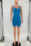 Light Blue Fashion Sexy Solid Buckle Square Collar Sleeveless Denim Dress
