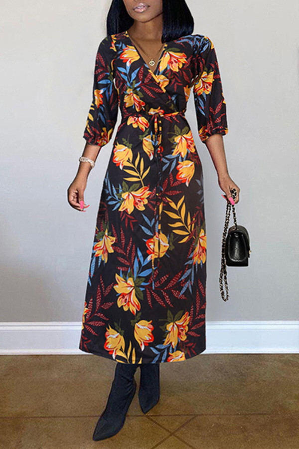 Multi-color Fashion Casual Print Basic V Neck Printed Dress