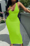 Green Casual Daily Solid Split Joint V Neck A Line Dresses