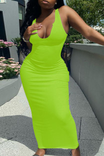 Fluorescent Green Casual Daily Solid Patchwork V Neck A Line Dresses