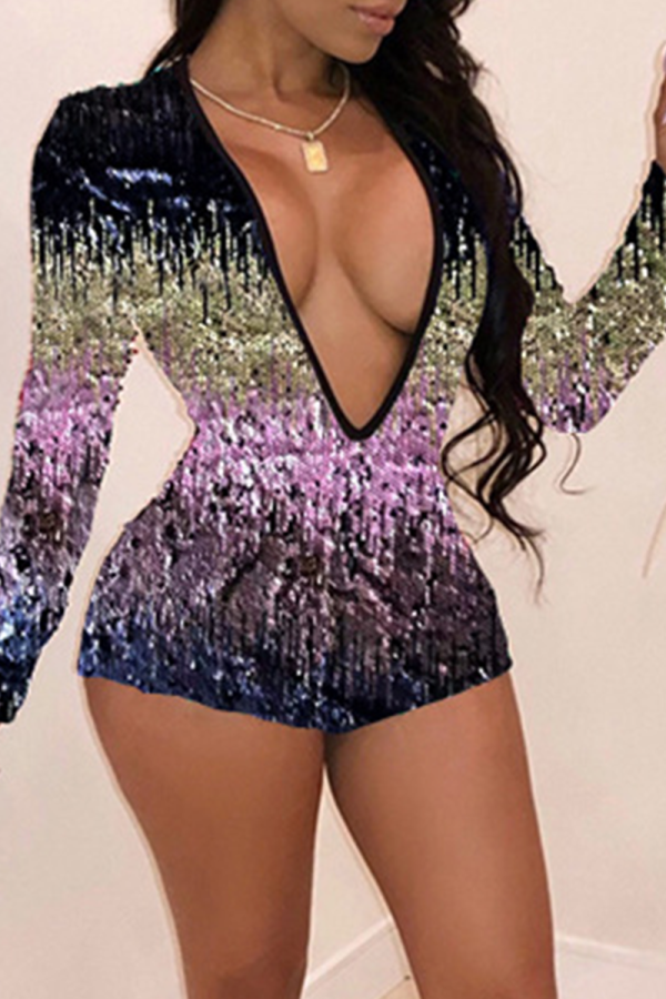 Pink Sexy Patchwork Sequins V Neck Straight Jumpsuits