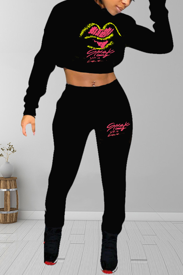 Black Sexy Print Letter Hooded Collar Long Sleeve Two Pieces