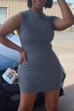 Grey Fashion Casual Solid Basic O Neck Sleeveless Two Pieces