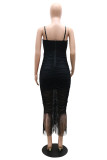 Black Sexy Solid Tassel Hollowed Out Backless Spaghetti Strap Sleeveless Dress