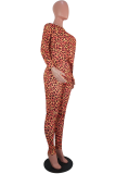Tangerine Red Casual Leopard Patchwork Bateau Neck Long Sleeve Two Pieces