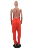 Tangerine Red Sexy Casual Solid Backless Spaghetti Strap Regular Jumpsuits