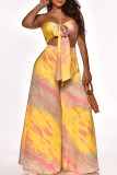 Yellow Fashion Sexy Print Backless Strapless Sleeveless Two Pieces