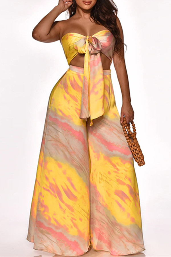 Yellow Fashion Sexy Print Backless Strapless Sleeveless Two Pieces
