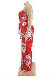 Red Fashion Casual Print Backless One Shoulder Regular Jumpsuits