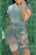 Green Casual Patchwork Tie-dye Hooded Collar Short Sleeve Two Pieces