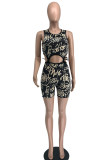 Red Fashion Casual Print Bandage Hollowed Out O Neck Sleeveless Two Pieces