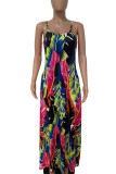 Red Sweet Print Patchwork Spaghetti Strap Pleated Dresses
