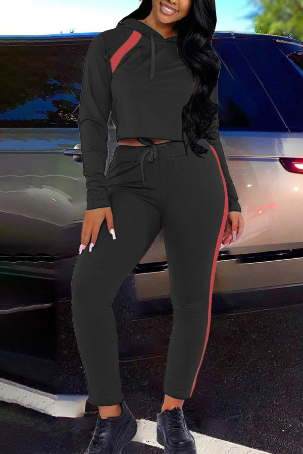Black Daily Solid Patchwork Hooded Collar Long Sleeve Two Pieces