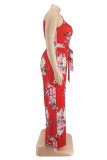 Red Fashion Casual Print Backless One Shoulder Regular Jumpsuits