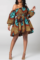 Brown Sexy Print Patchwork One Shoulder Cake Skirt Dresses