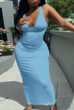 Blue Casual Daily Solid Split Joint V Neck A Line Dresses