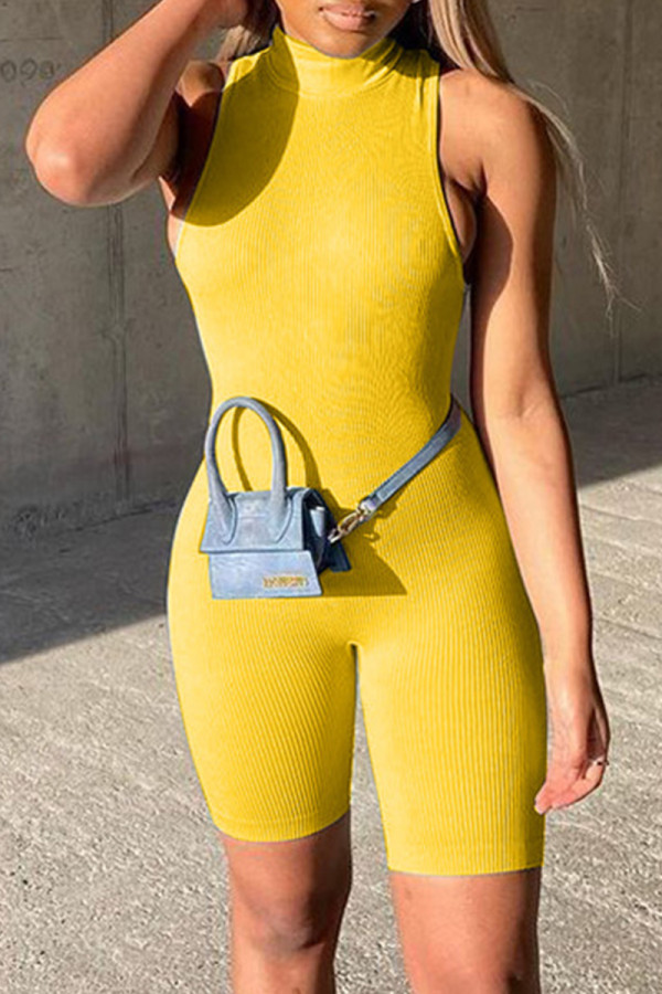 Yellow Fashion Casual Solid Basic Turtleneck Sleeveless Skinny Romper
