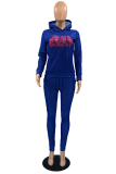 Blue Casual Print Letter Hooded Collar Long Sleeve Two Pieces
