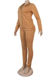 Khaki Fashion Casual Solid Basic Zipper Collar Long Sleeve Two Pieces