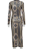 Black Sexy Print Split Joint See-through O Neck Pencil Skirt Dresses