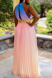 Pink Casual Gradual Change Patchwork Halter Cake Skirt Dresses