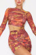 Khaki Sexy Street Print Hollowed Out Patchwork Tie-dye See-through O Neck Long Sleeve Two Pieces