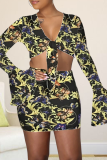 Gold Sexy Print Split Joint V Neck Long Sleeve Two Pieces