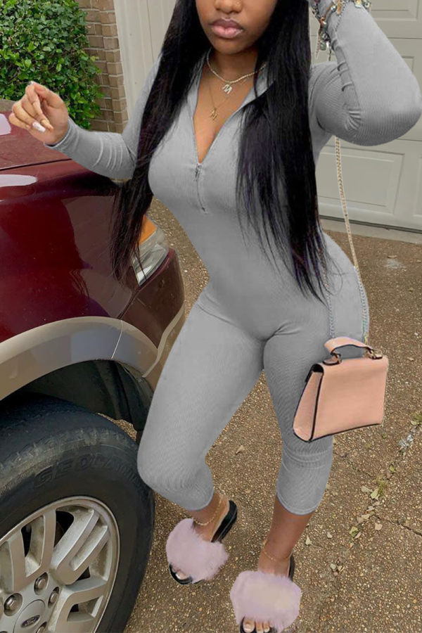 Grey Street Solid Split Joint Mandarin Collar Skinny Jumpsuits