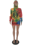 Multicolor Casual Patchwork Tie-dye Hooded Collar Printed Dress Dresses