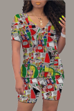 Multicolor Casual Print Patchwork V Neck Short Sleeve Two Pieces