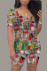 Multicolor Casual Print Patchwork V Neck Short Sleeve Two Pieces