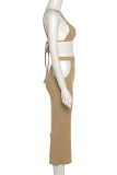 Khaki Sexy Solid Hollowed Out Patchwork Frenulum Backless Spaghetti Strap Sleeveless Two Pieces