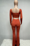 Orange Fashion Casual Solid Draw String V Neck Long Sleeve Two Pieces