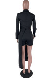 Black Sexy Solid Buttons Asymmetrical Turndown Collar Long Sleeve Two Pieces