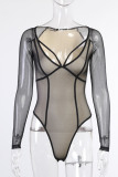 Black Sexy Patchwork Mesh V Neck Skinny Jumpsuits