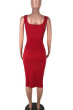 Red Sexy Solid Patchwork Asymmetrical U Neck Pencil Skirt Dresses