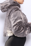 Grey Casual Solid Split Joint Hooded Collar Tops