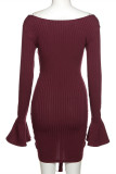 Wine Red Fashion Sexy Solid Draw String V Neck Long Sleeve Dresses