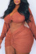 Brick Red Fashion Sexy Plus Size Solid Hollowed Out V Neck Long Sleeve Dresses