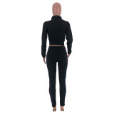 Black Casual adult Fashion Two Piece Suits Patchwork Ribbon Solid Straight Long Sleeve Two-piec
