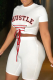 White Sexy Print Draw String O Neck Short Sleeve Two Pieces