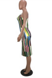 Multicolor Fashion Sexy Patchwork Print Backless O Neck Sling Dress