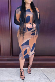 Brown Casual Print Patchwork O Neck Pencil Skirt Dresses