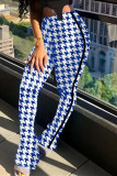 Blue Fashion Casual Print Fold High Waist Trousers