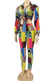 Multicolor Sexy Print Bandage Patchwork V Neck Long Sleeve Two Pieces