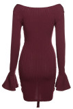 Wine Red Sexy Solid Split Joint Fold V Neck Pencil Skirt Dresses